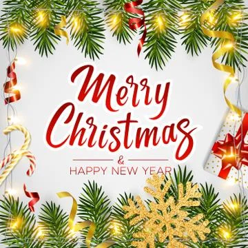 Background with pine branches, garlands, gold snowflakes, candy, gifts, tinsel Stock Illustration