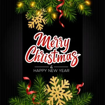 Background with pine branches, garlands, serpentine, lettering Merry Christmas Stock Illustration