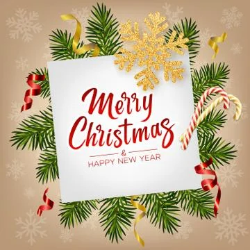 Background with pine branches, glitter gold snowflakes, candy canes, serpentine Stock Illustration