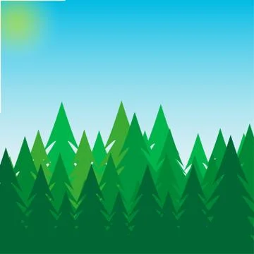 Background of pine forest, nature, landscape blue sky and sun. Abstract silho Stock Illustration