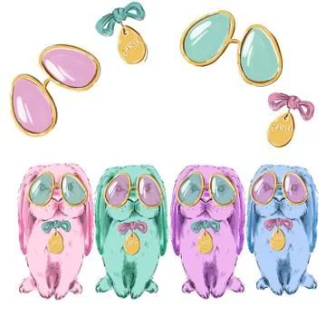 Background with place for text cute easter bunnies in pastel colored sunglasses Stock Illustration