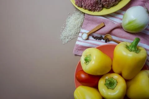 Background with a place for text - ingredients for stuffing pepper with minced Stock Photos