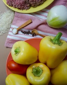 Background with a place for text - ingredients for stuffing pepper with minced Stock Photos