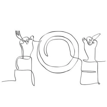 Background with plate and hands holding fork and knife. Continuous line drawi Stock Illustration