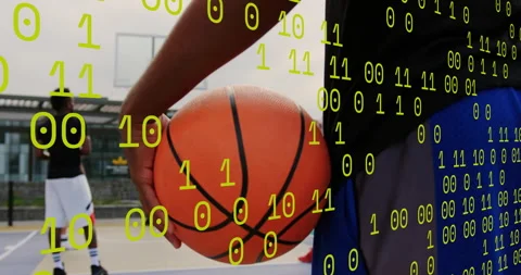 Background player responding to code overlay dribbling basketball stepping Stock Footage 314474253