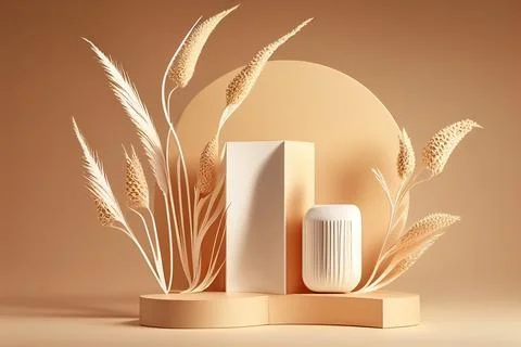 Background podium display on beige background and dry pampas grass Natural Stock Illustration