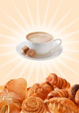 Background for poster cafe or bakery with a different and a Cup of coffee Stock-Fotos