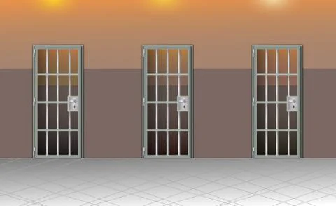 Background prison interior. Jail cells modern with gray doors. Stock Illustration