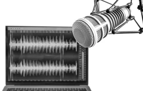 Background with a professional microphone and wave form on screen Fotos de archivo