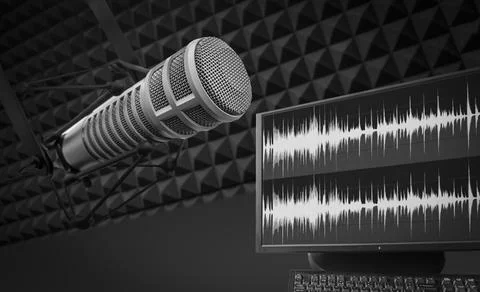 Background with a professional microphone and wave form on screen 스톡 사진