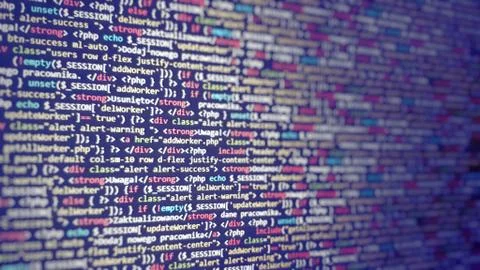 Background to programmer's job offer. Ad with work for developer. Blue softwa Stockfoto's