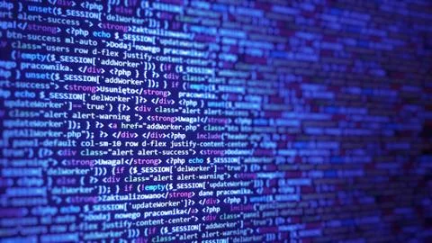 Background to programmer's job offer. Ad with work for developer. Blue softwa Stockfoto's