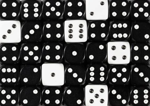 Background of random ordered black dices with six white cubes Stock Photos