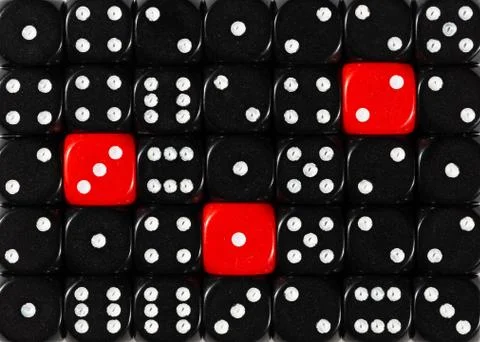 Background of random ordered black dices with three red cubes Stock Photos