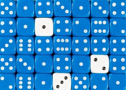 Background of random ordered blue dices with three white cubes Stock Photos
