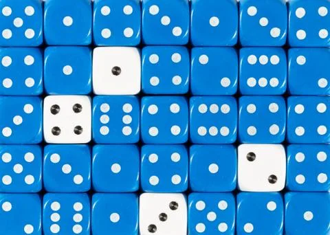 Background of random ordered blue dices with four white cubes Stock Photos