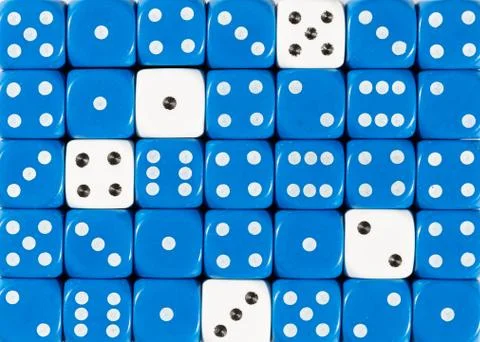 Background of random ordered blue dices with five white cubes Stock Photos