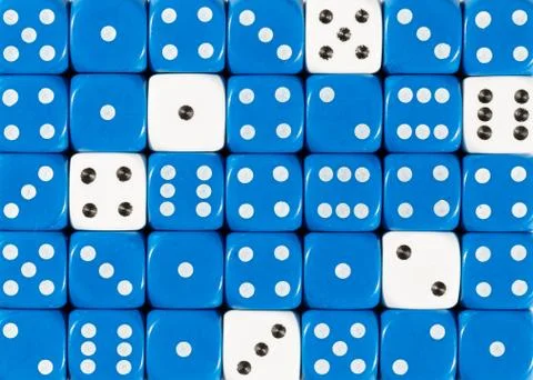 Background of random ordered blue dices with six white cubes Stock Photos