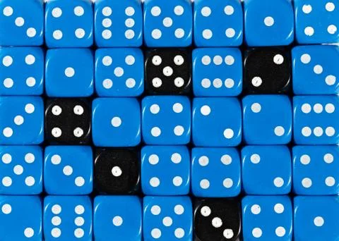 Background of random ordered blue dices with five black cubes Stock Photos