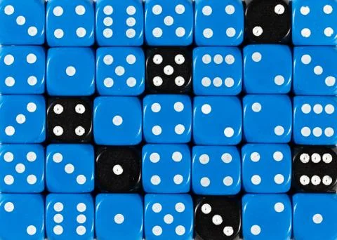 Background of random ordered blue dices with six black cubes Stock Photos