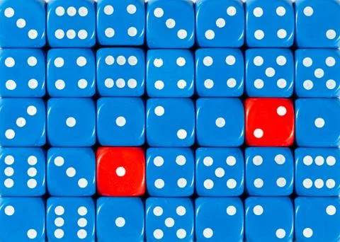 Background of random ordered blue dices with two red cubes Stock Photos