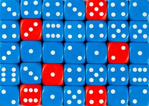 Background of random ordered blue dices with six red cubes Stock Photos