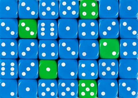 Background of random ordered blue dices with five green cubes Stock Photos