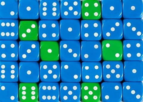 Background of random ordered blue dices with six green cubes Stock Photos