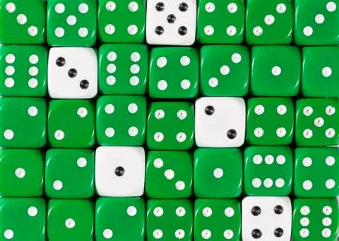 Background of random ordered green dices with five white cubes Stock Photos