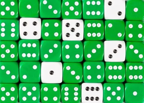 Background of random ordered green dices with six white cubes Stock Photos