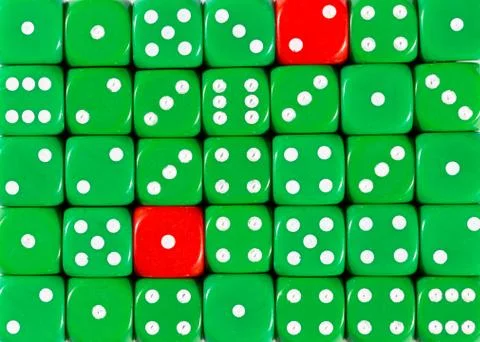 Background of random ordered green dices with two red cubes Stock Photos