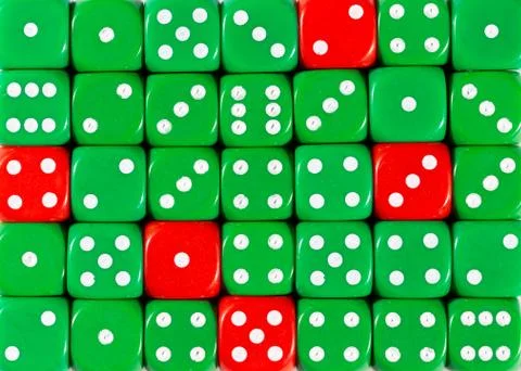 Background of random ordered green dices with five red cubes Stock Photos