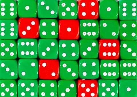 Background of random ordered green dices with six red cubes Stock Photos