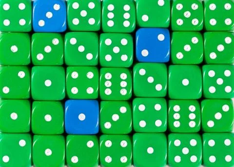 Background of random ordered green dices with three blue cubes Stock Photos