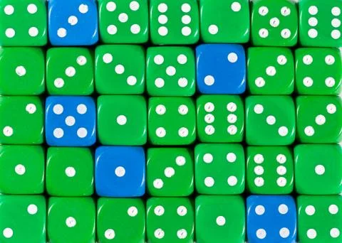 Background of random ordered green dices with five blue cubes Foto stock