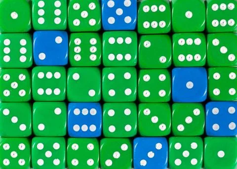 Background of random ordered green dices with six blue cubes Stock Photos