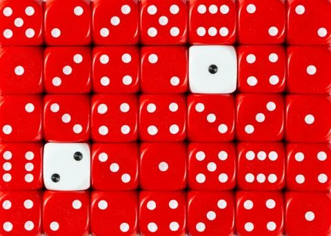 Background of random ordered red dices with two white cubes Stock Photos