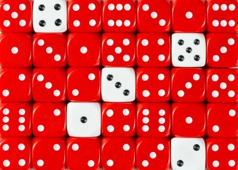 Background of random ordered red dices with five white cubes Stock Photos