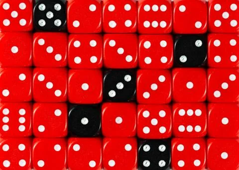 Background of random ordered red dices with five black cubes Stock Photos