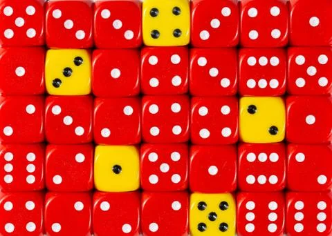 Background of random ordered red dices with five yellow cubes Stock Photos