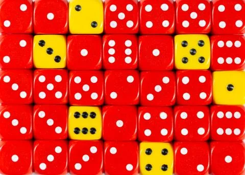 Background of random ordered red dices with six yellow cubes Stock Photos