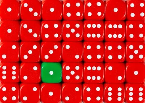 Background of random ordered red dices with one green cube Stock Photos