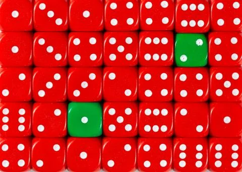 Background of random ordered red dices with two green cubes Stock Photos