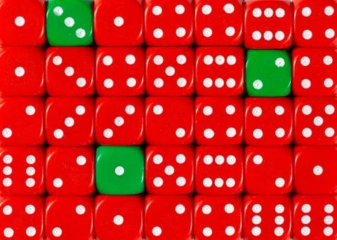 Background of random ordered red dices with three green cubes Stock Photos