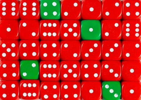 Background of random ordered red dices with four green cubes Stock Photos
