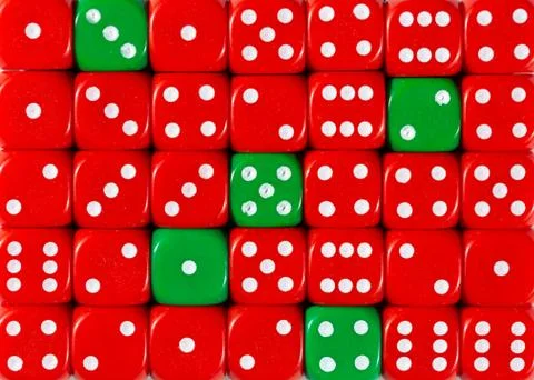 Background of random ordered red dices with five green cubes Stock Photos