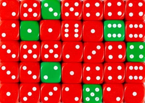 Background of random ordered red dices with six green cubes Stock Photos