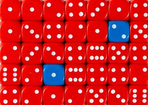 Background of random ordered red dices with two blue cubes Stock Photos