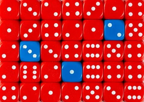 Background of random ordered red dices with three blue cubes Stock Photos