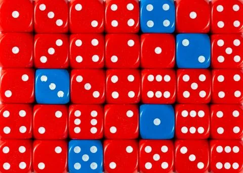 Background of random ordered red dices with five blue cubes Stock Photos